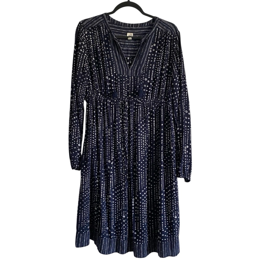 GAP Maternity Boho Midi Dress Navy Blue White Print Long Sleeve Medium